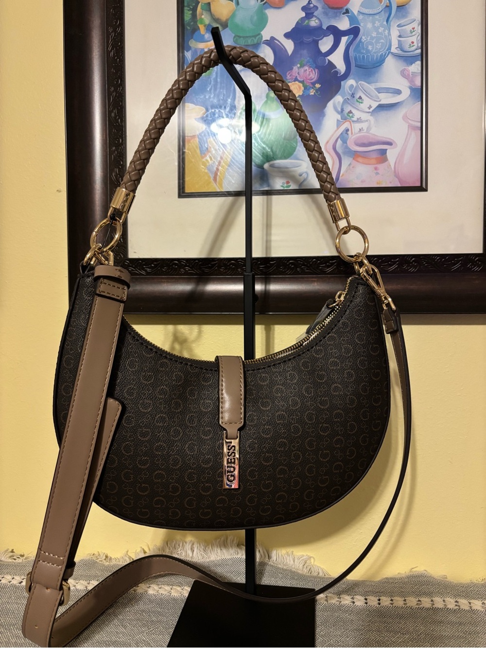 GUESS Black & Brown Crescent Shoulder Bag with Braided Handle NWOT
